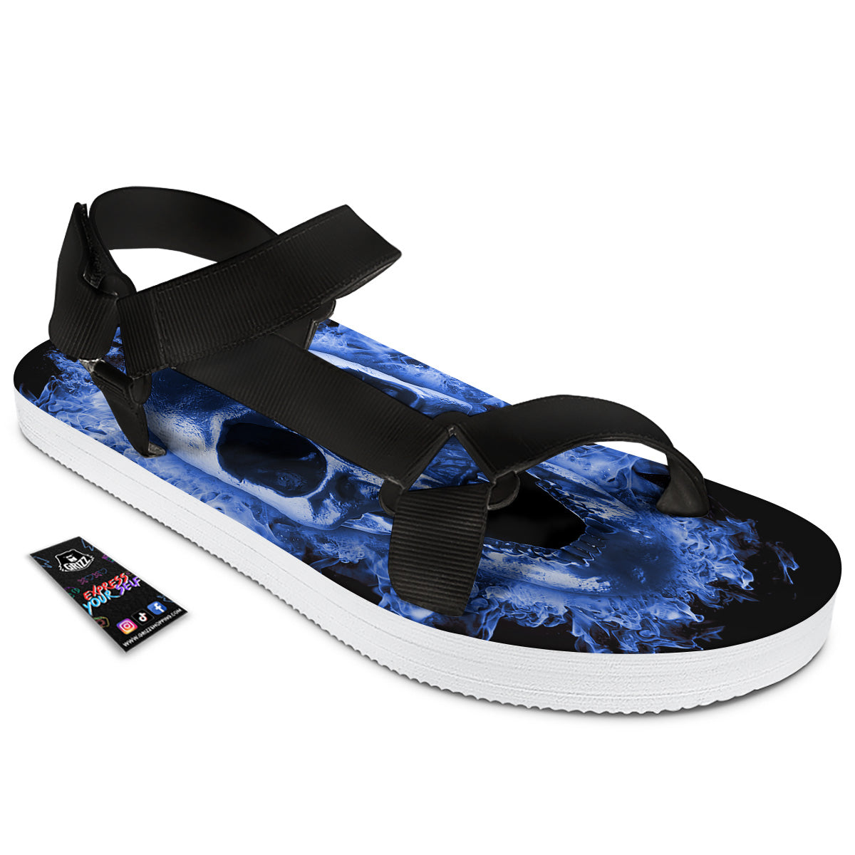 Blue Flaming Skull Print Black Open Toe Sandals-grizzshop