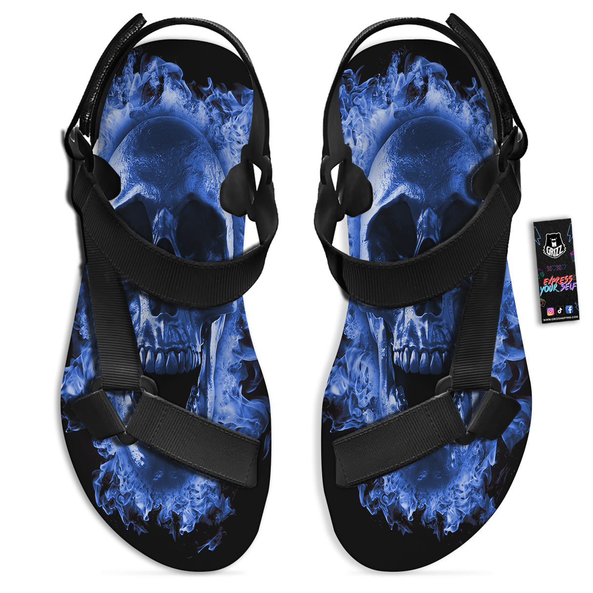 Blue Flaming Skull Print Black Open Toe Sandals-grizzshop