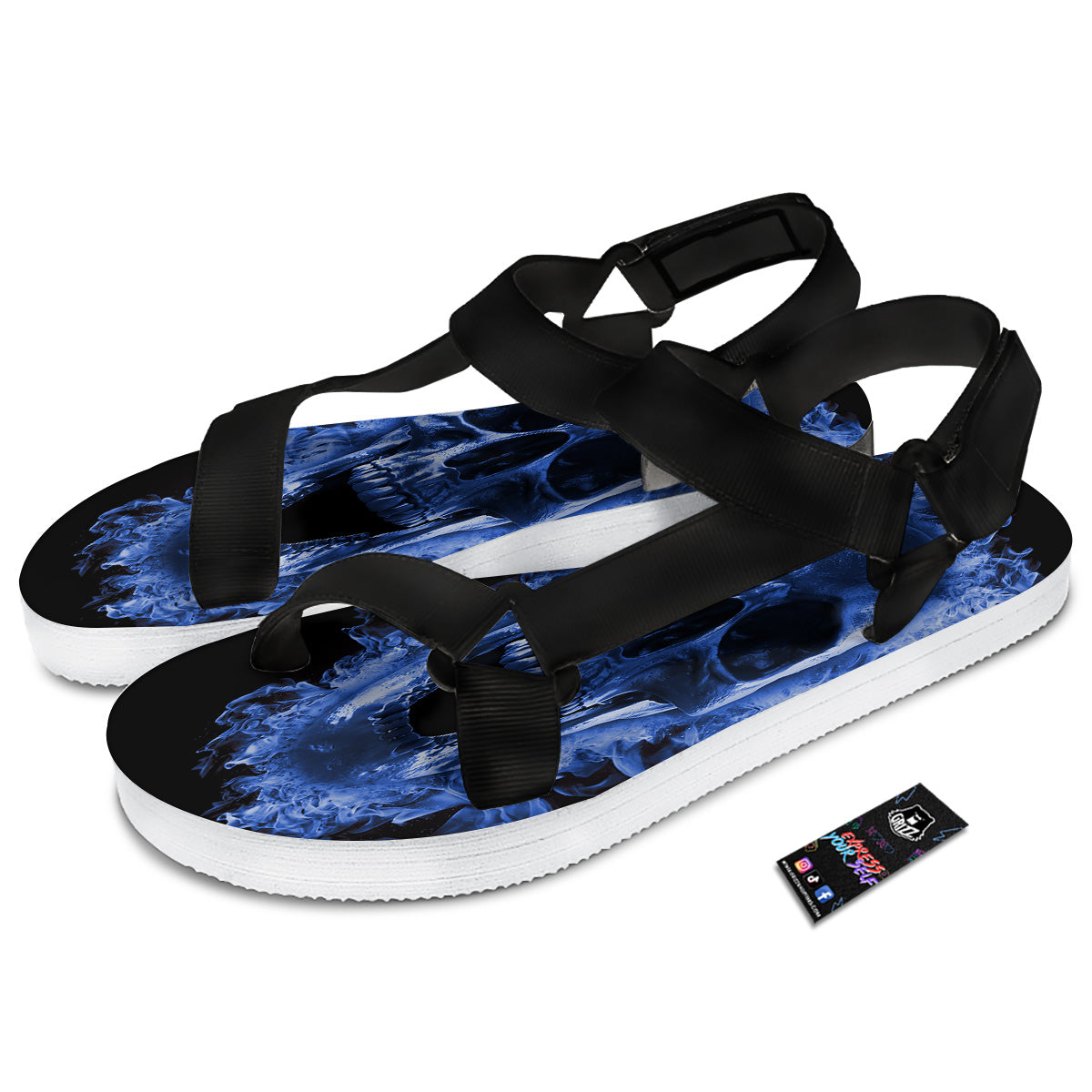 Blue Flaming Skull Print Black Open Toe Sandals-grizzshop