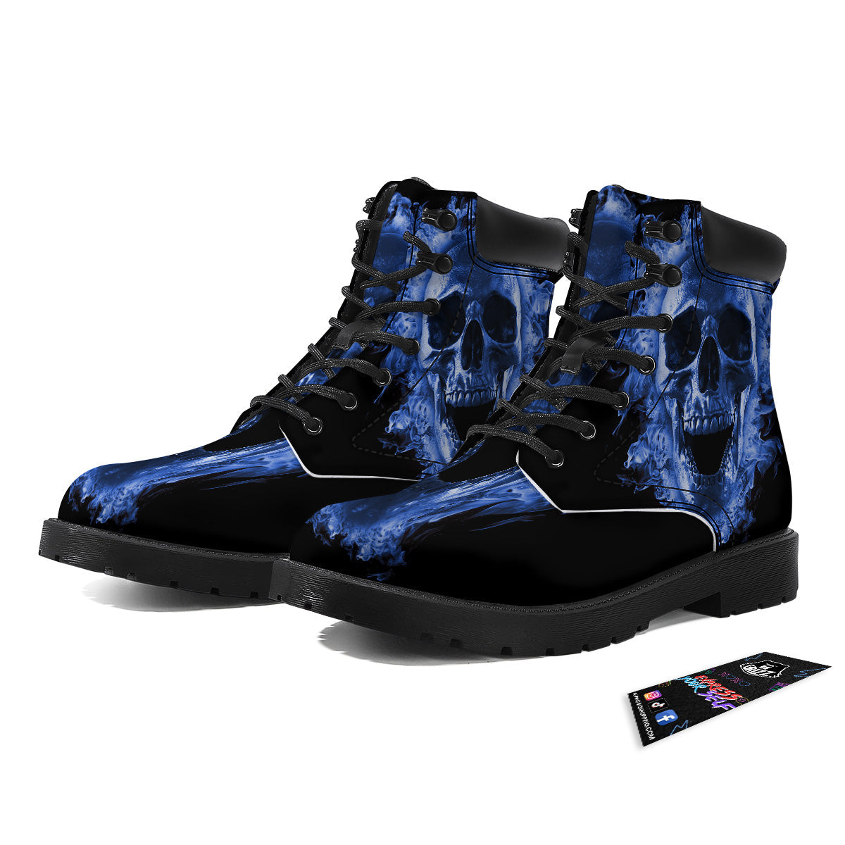 Blue Flaming Skull Print Boots-grizzshop
