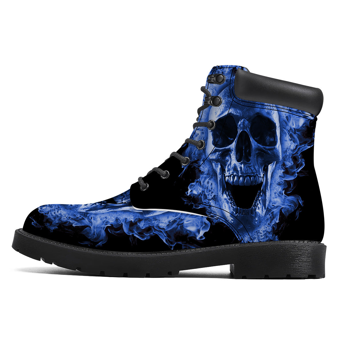Blue Flaming Skull Print Boots-grizzshop