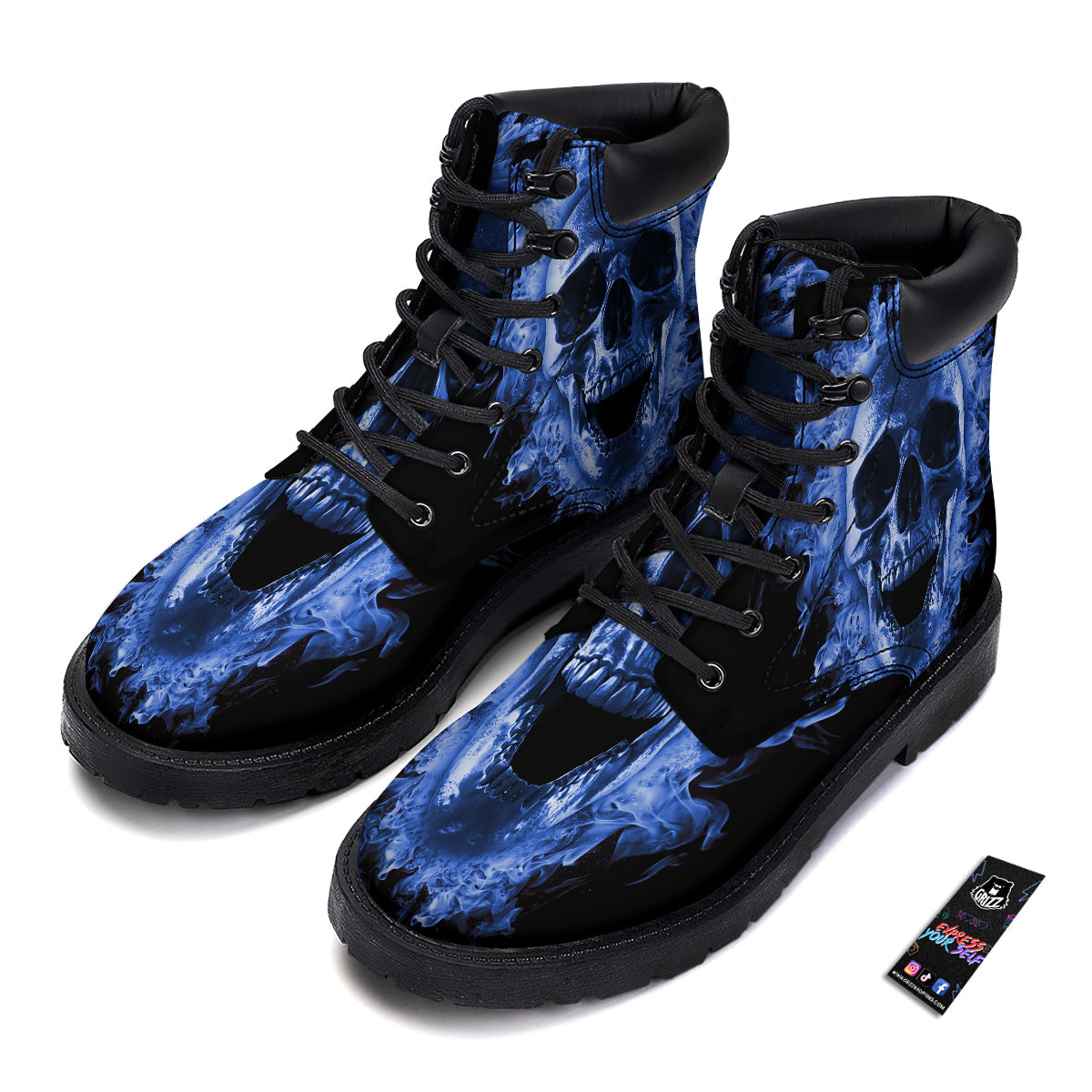 Blue Flaming Skull Print Boots-grizzshop