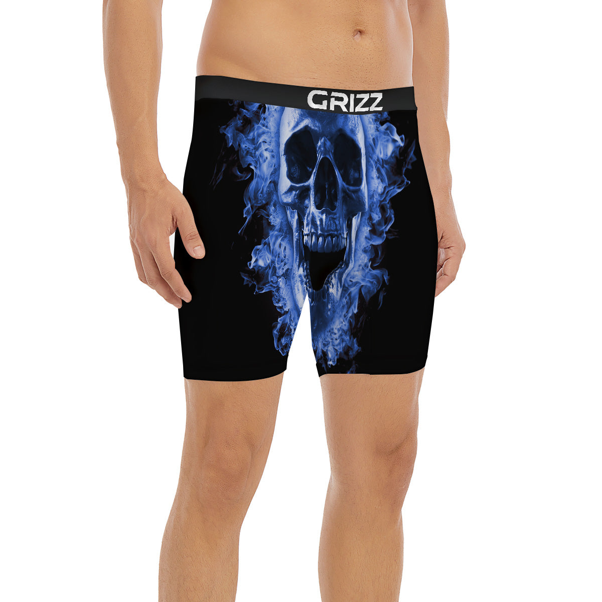 Blue Flaming Skull Print Boxer Briefs-grizzshop