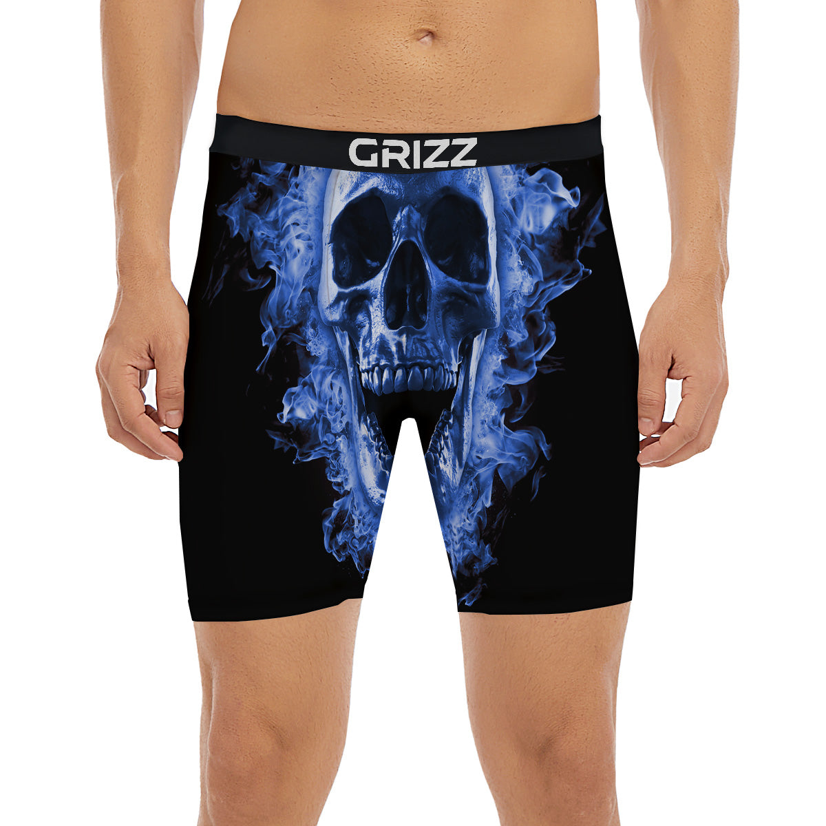 Blue Flaming Skull Print Boxer Briefs-grizzshop