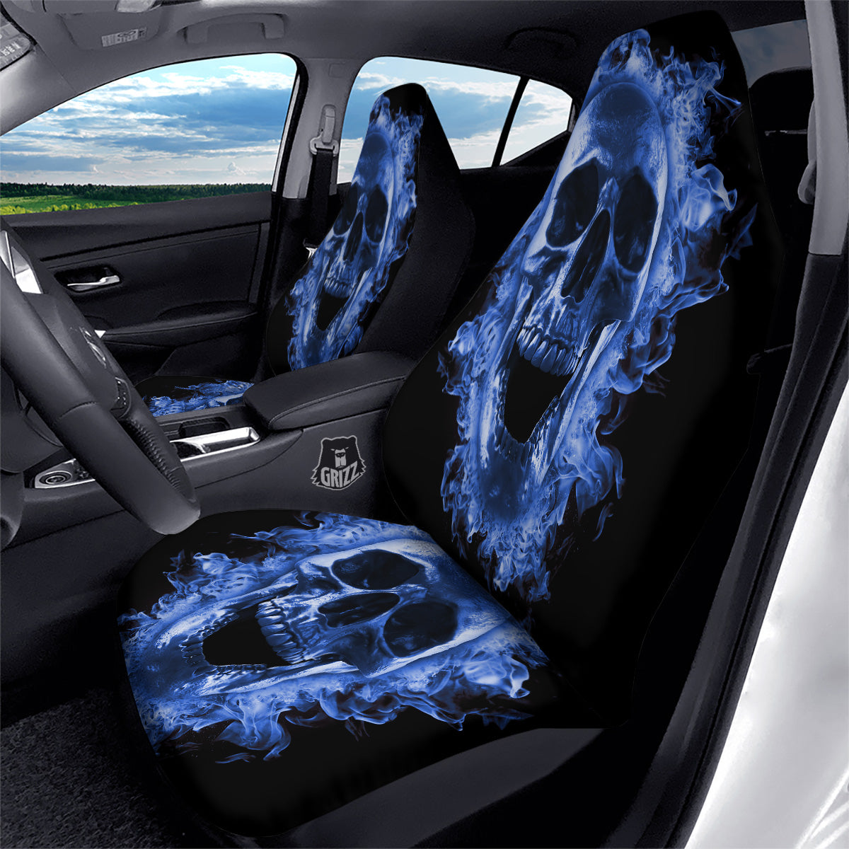 Blue Flaming Skull Print Car Seat Covers-grizzshop