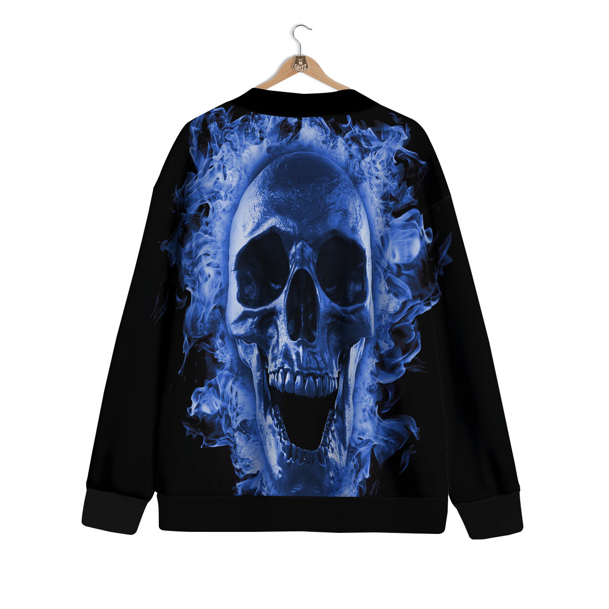 Blue Flaming Skull Print Cardigan-grizzshop