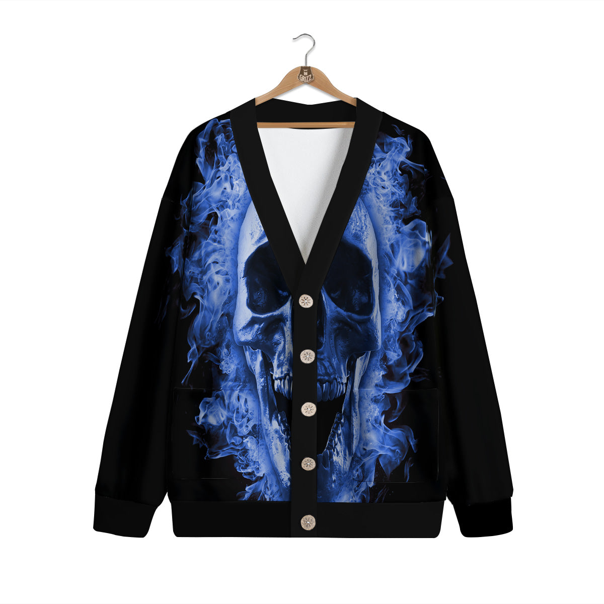 Blue Flaming Skull Print Cardigan-grizzshop