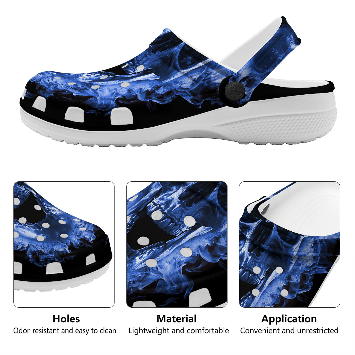 Blue Flaming Skull Print Clog-grizzshop