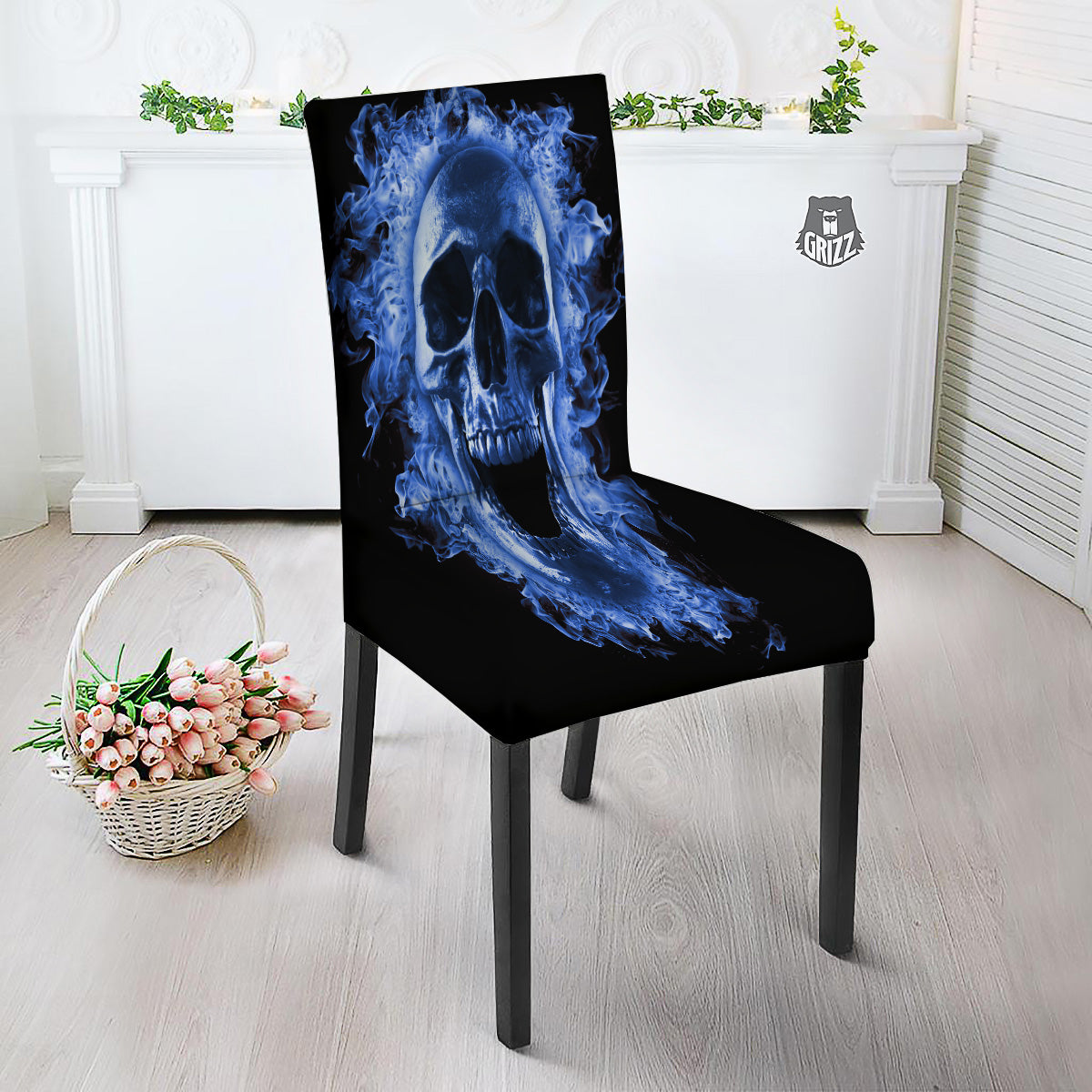 Blue Flaming Skull Print Dining Chair Slipcover-grizzshop