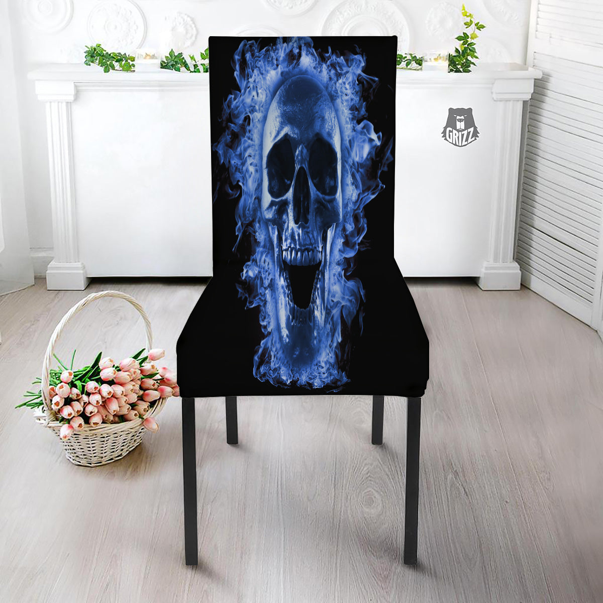 Blue Flaming Skull Print Dining Chair Slipcover-grizzshop