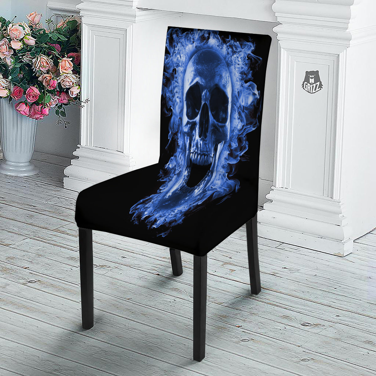 Blue Flaming Skull Print Dining Chair Slipcover-grizzshop