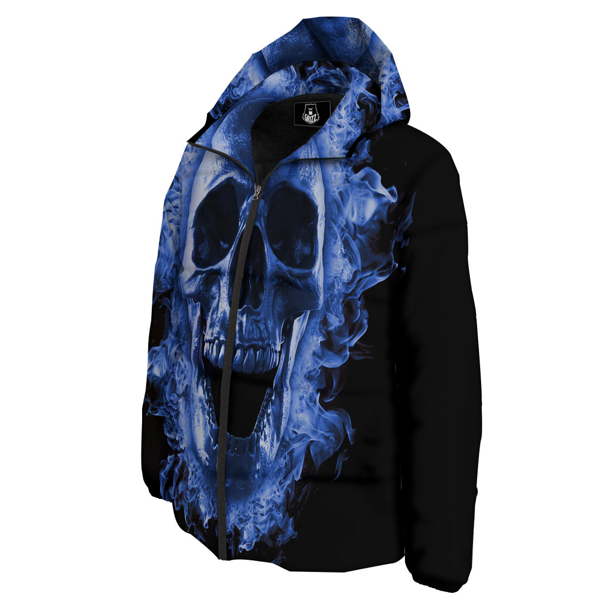 Blue Flaming Skull Print Down Jacket-grizzshop