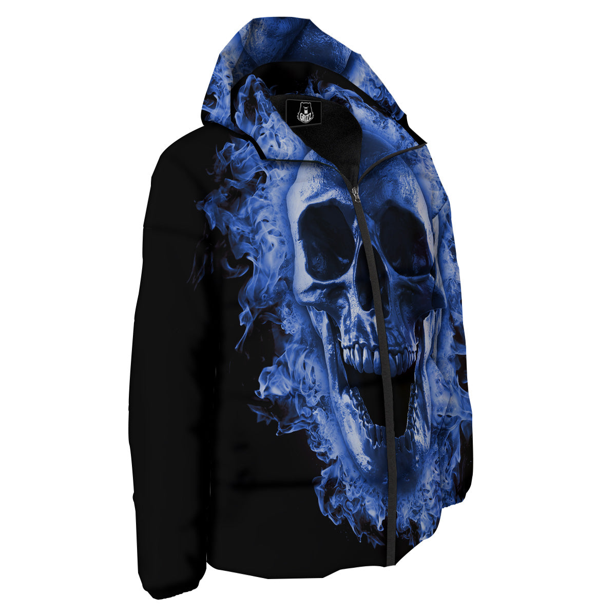 Blue Flaming Skull Print Down Jacket-grizzshop