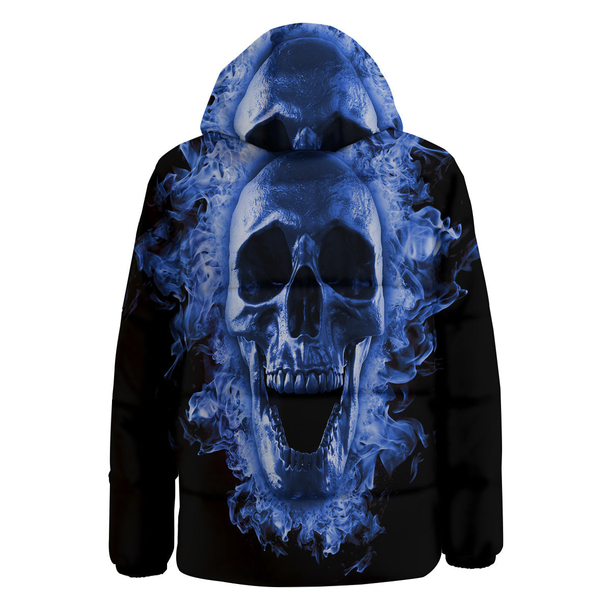 Blue Flaming Skull Print Down Jacket-grizzshop