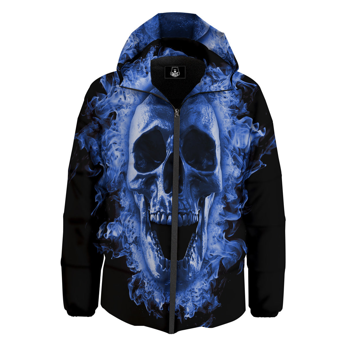 Blue Flaming Skull Print Down Jacket-grizzshop