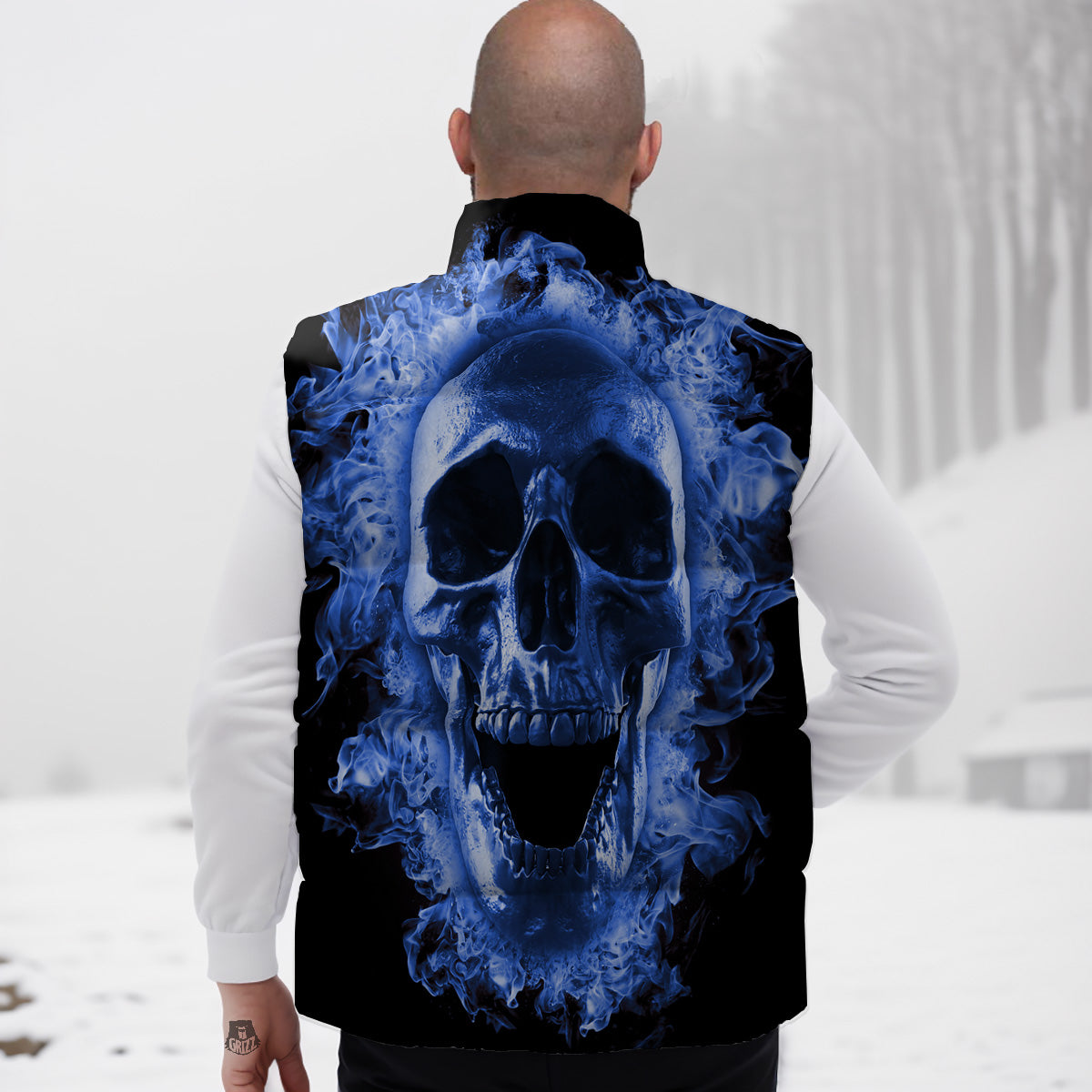 Blue Flaming Skull Print Down Vest