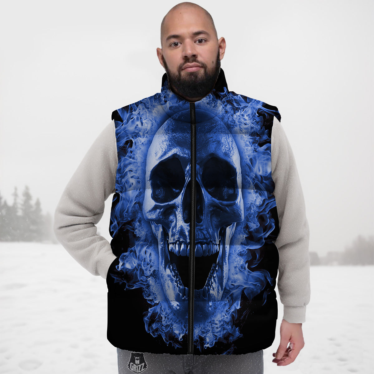 Blue Flaming Skull Print Down Vest