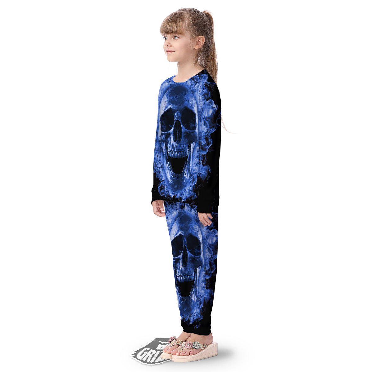 Blue Flaming Skull Print Kid's Pajamas-grizzshop