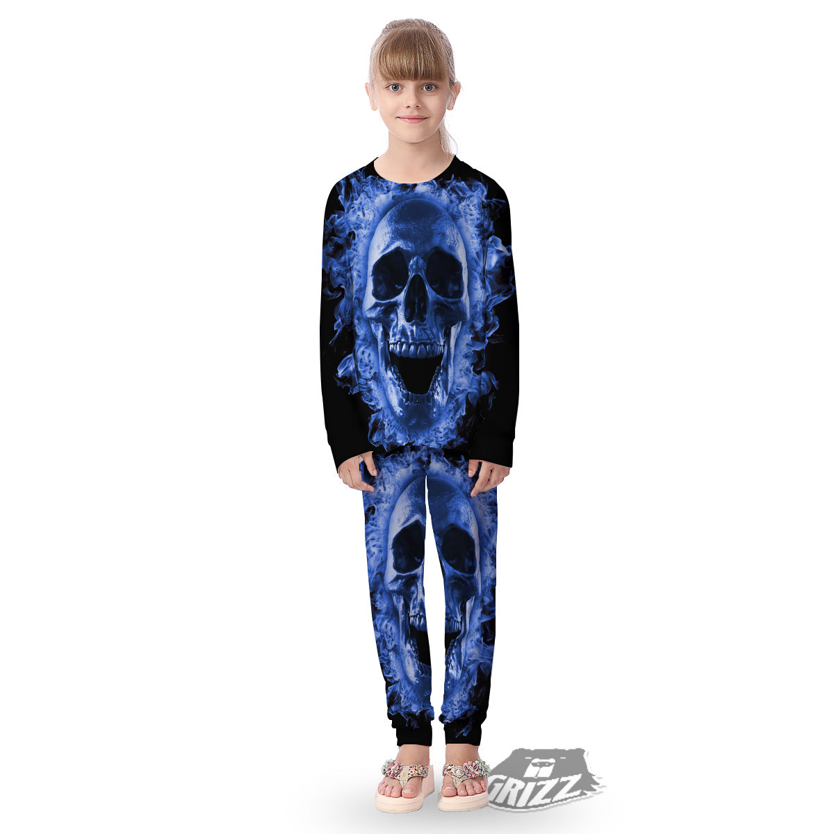 Blue Flaming Skull Print Kid's Pajamas-grizzshop