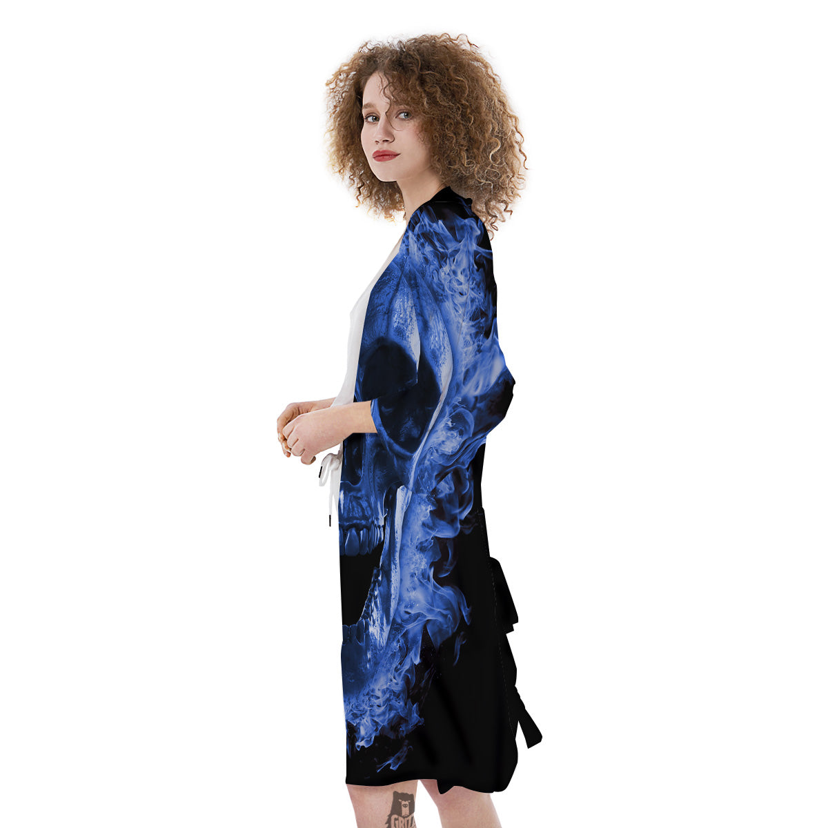 Blue Flaming Skull Print Kimono-grizzshop