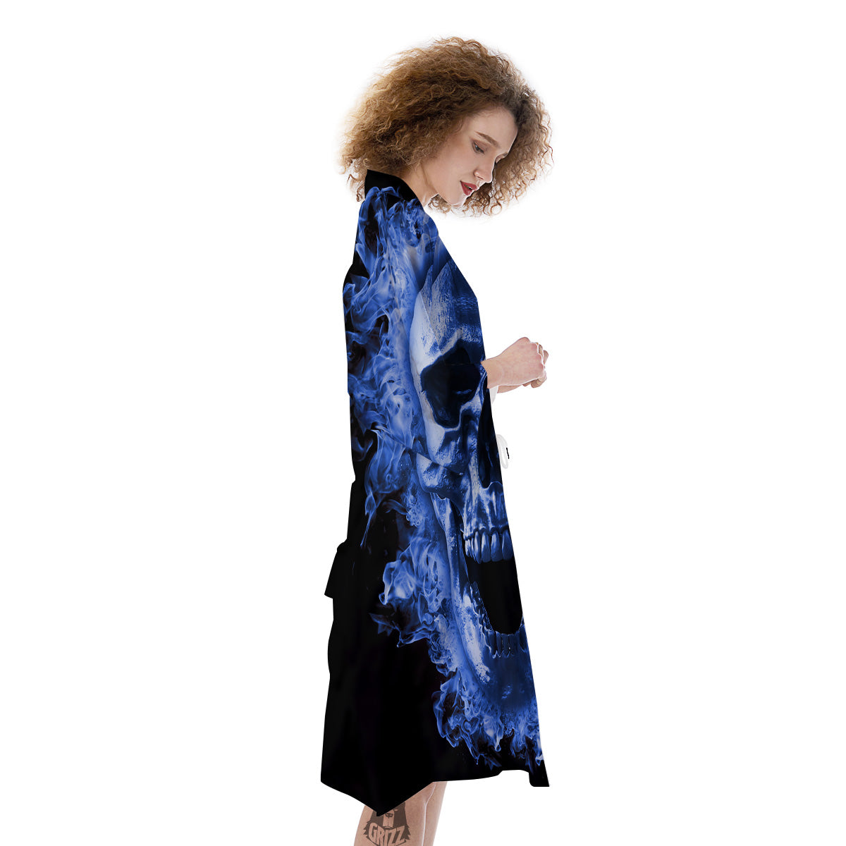 Blue Flaming Skull Print Kimono-grizzshop