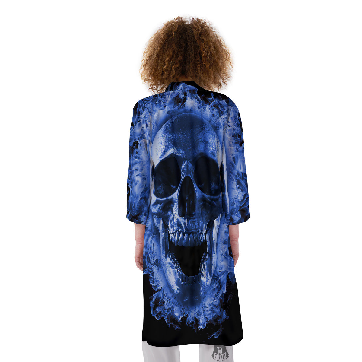 Blue Flaming Skull Print Kimono-grizzshop