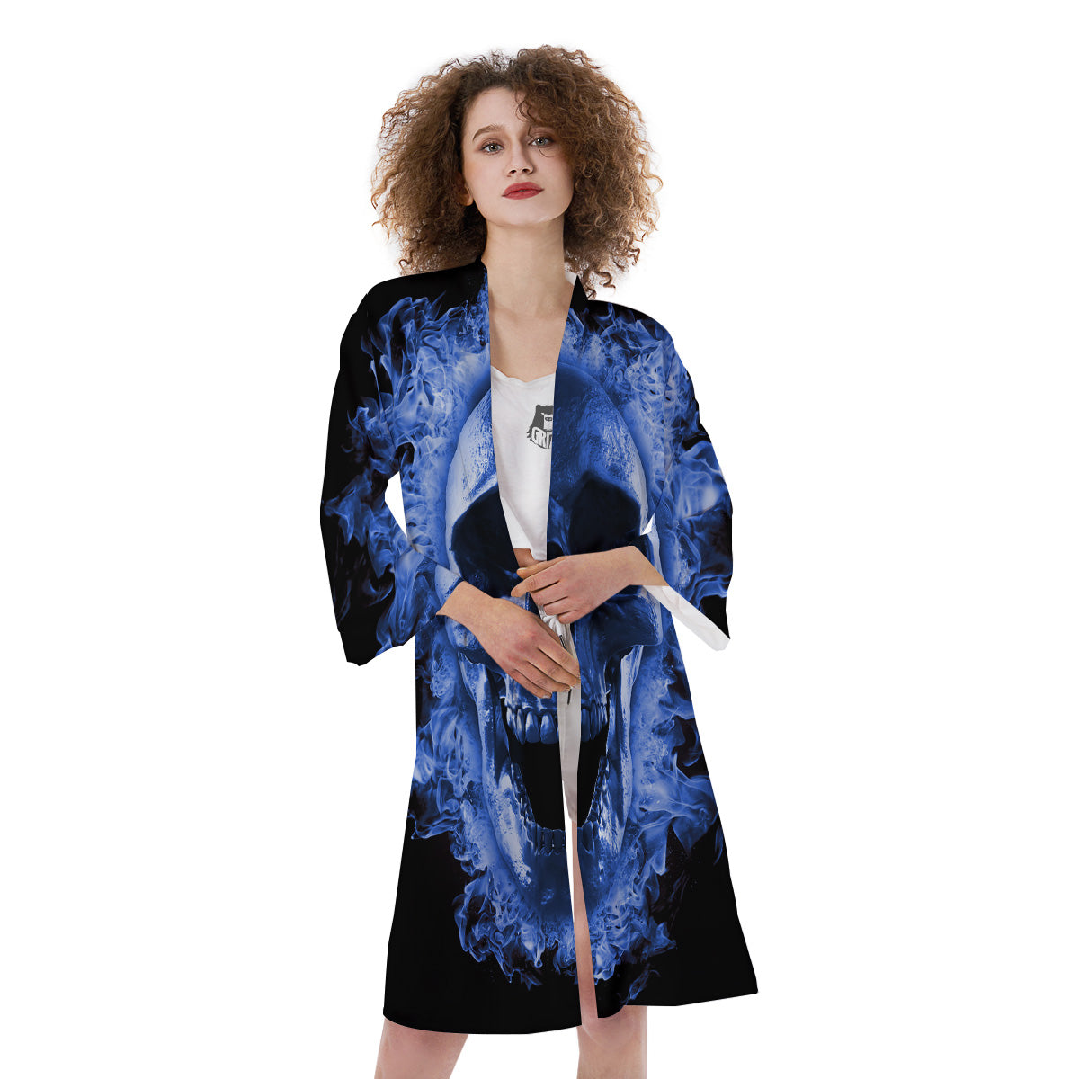 Blue Flaming Skull Print Kimono-grizzshop
