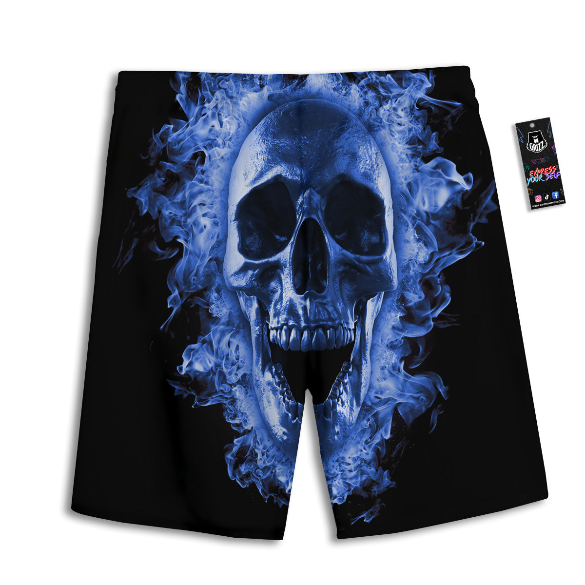 Blue Flaming Skull Print Men's Athletic Shorts