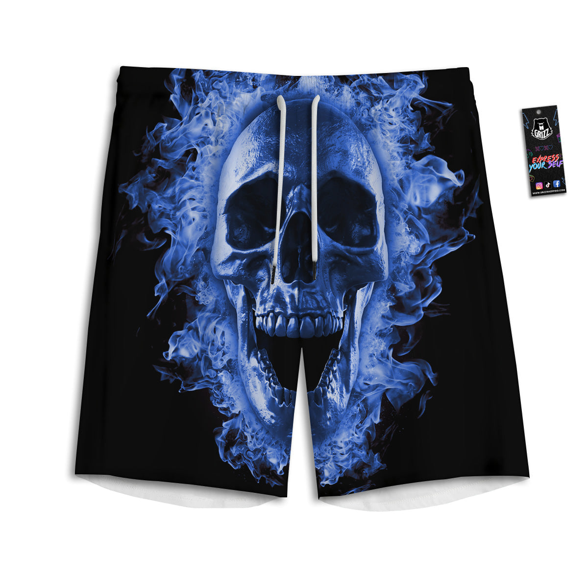 Blue Flaming Skull Print Men's Athletic Shorts
