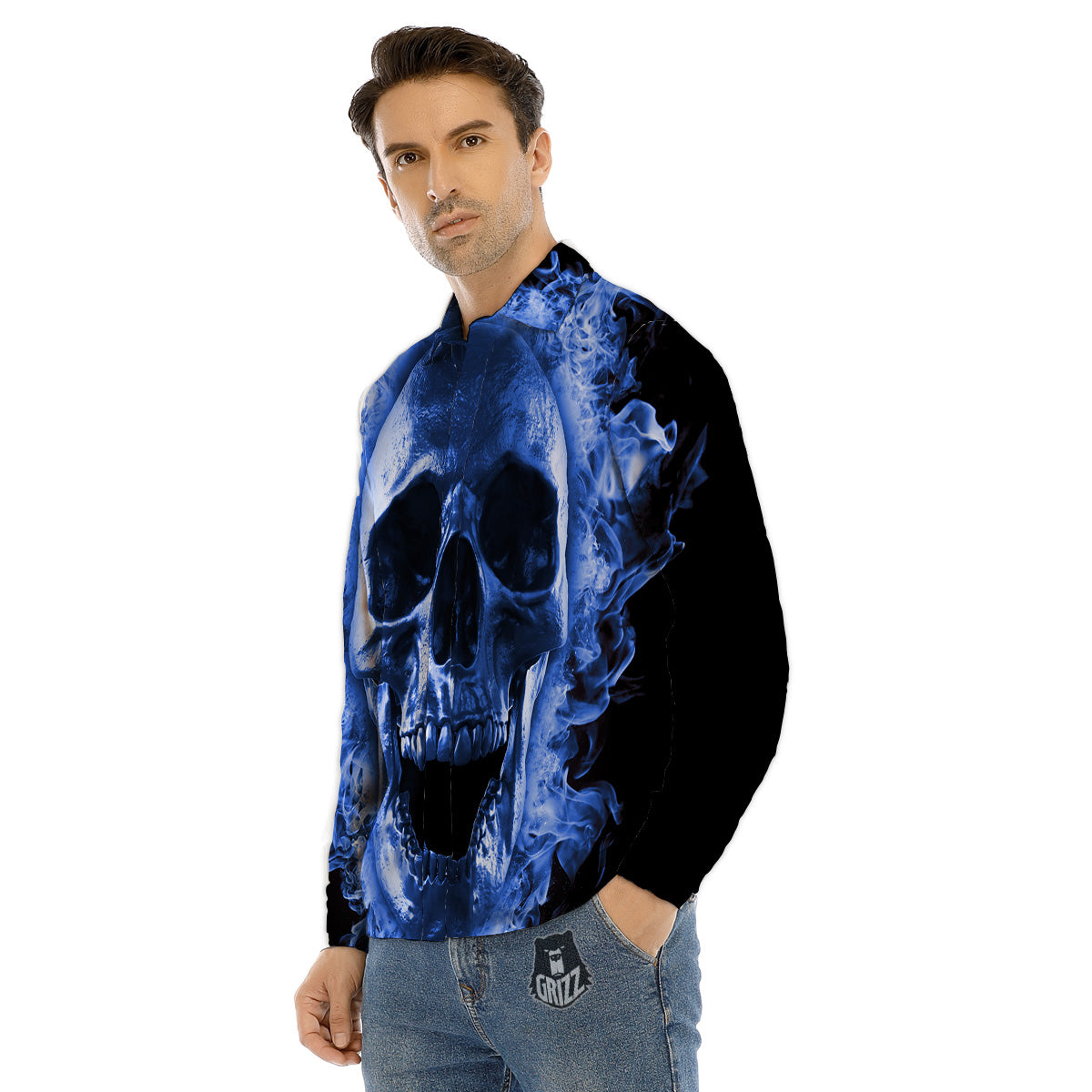 Blue Flaming Skull Print Men's Dress Shirts-grizzshop