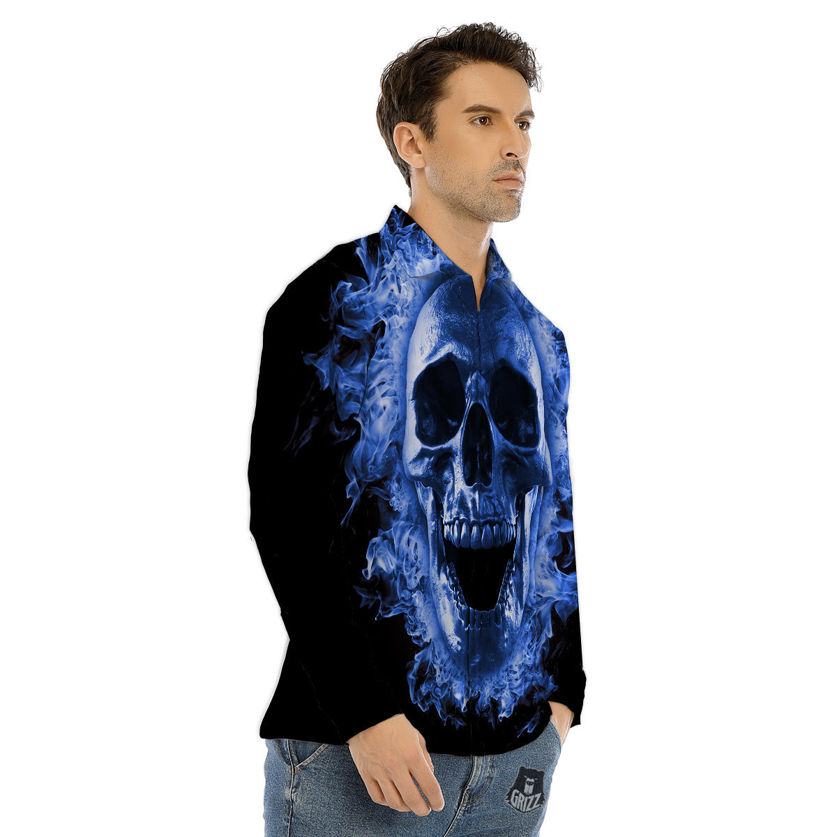 Blue Flaming Skull Print Men's Dress Shirts-grizzshop
