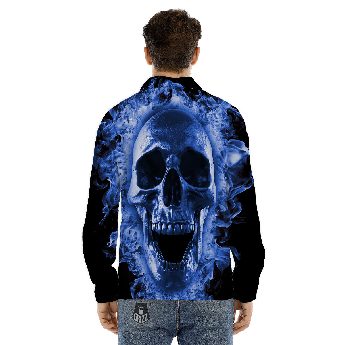 Blue Flaming Skull Print Men's Dress Shirts-grizzshop