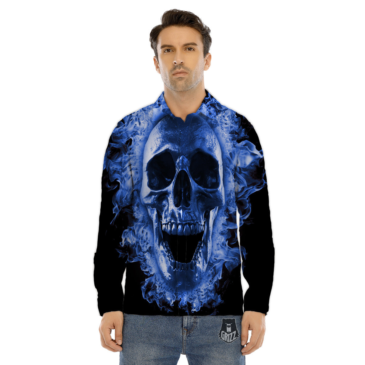 Blue Flaming Skull Print Men's Dress Shirts-grizzshop
