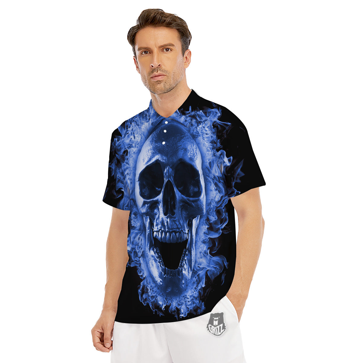Blue Flaming Skull Print Men's Golf Shirts-grizzshop