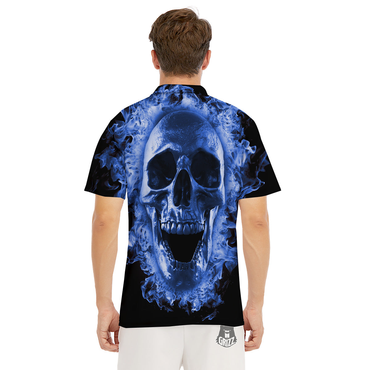 Blue Flaming Skull Print Men's Golf Shirts-grizzshop