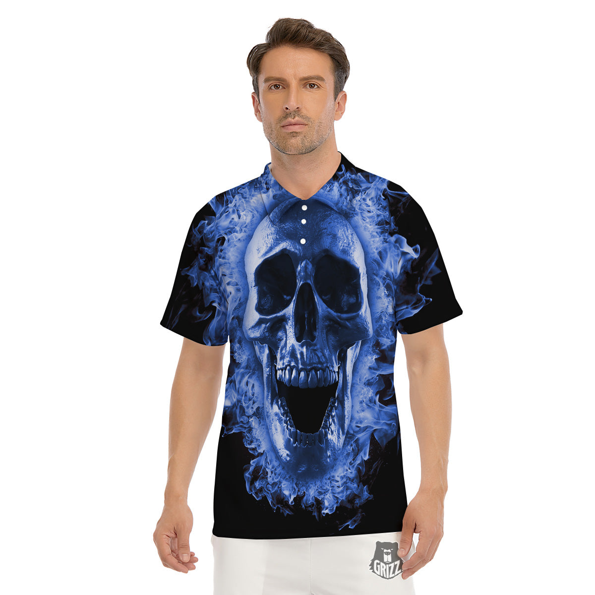 Blue Flaming Skull Print Men's Golf Shirts-grizzshop