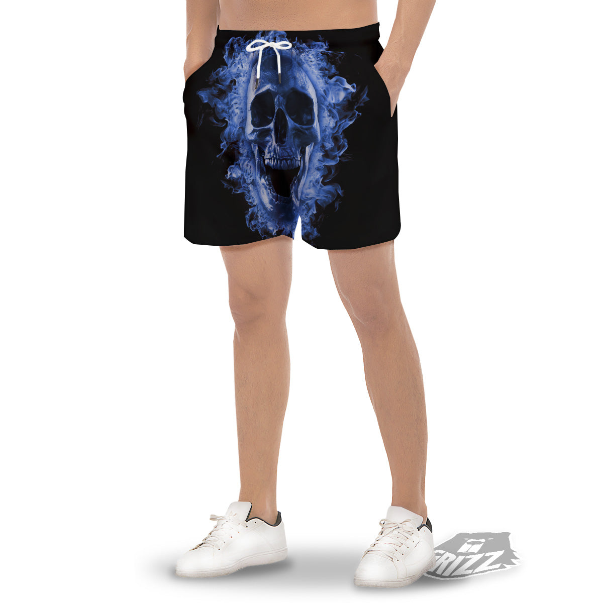 Blue Flaming Skull Print Men's Gym Shorts-grizzshop