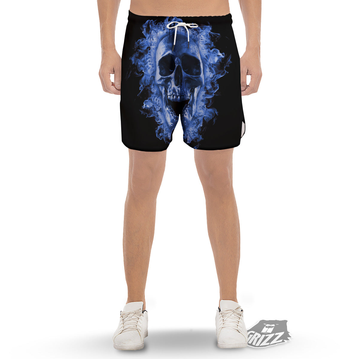 Blue Flaming Skull Print Men's Gym Shorts-grizzshop