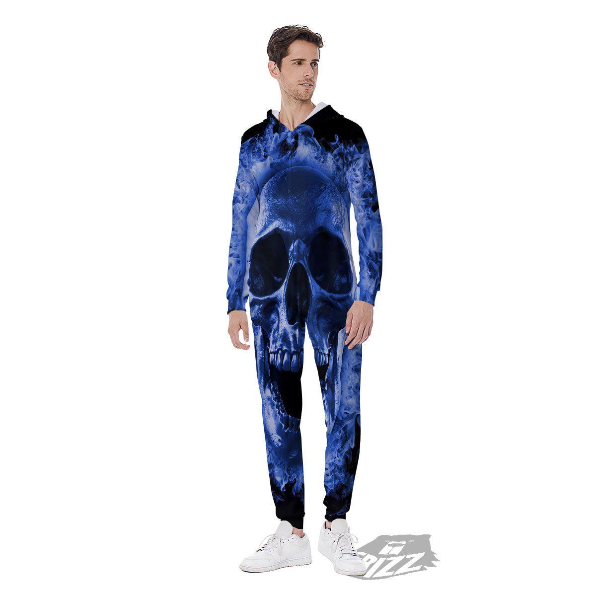 Blue Flaming Skull Print Men's Jumpsuit-grizzshop