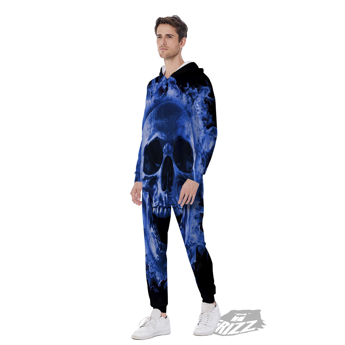 Blue Flaming Skull Print Men's Jumpsuit-grizzshop