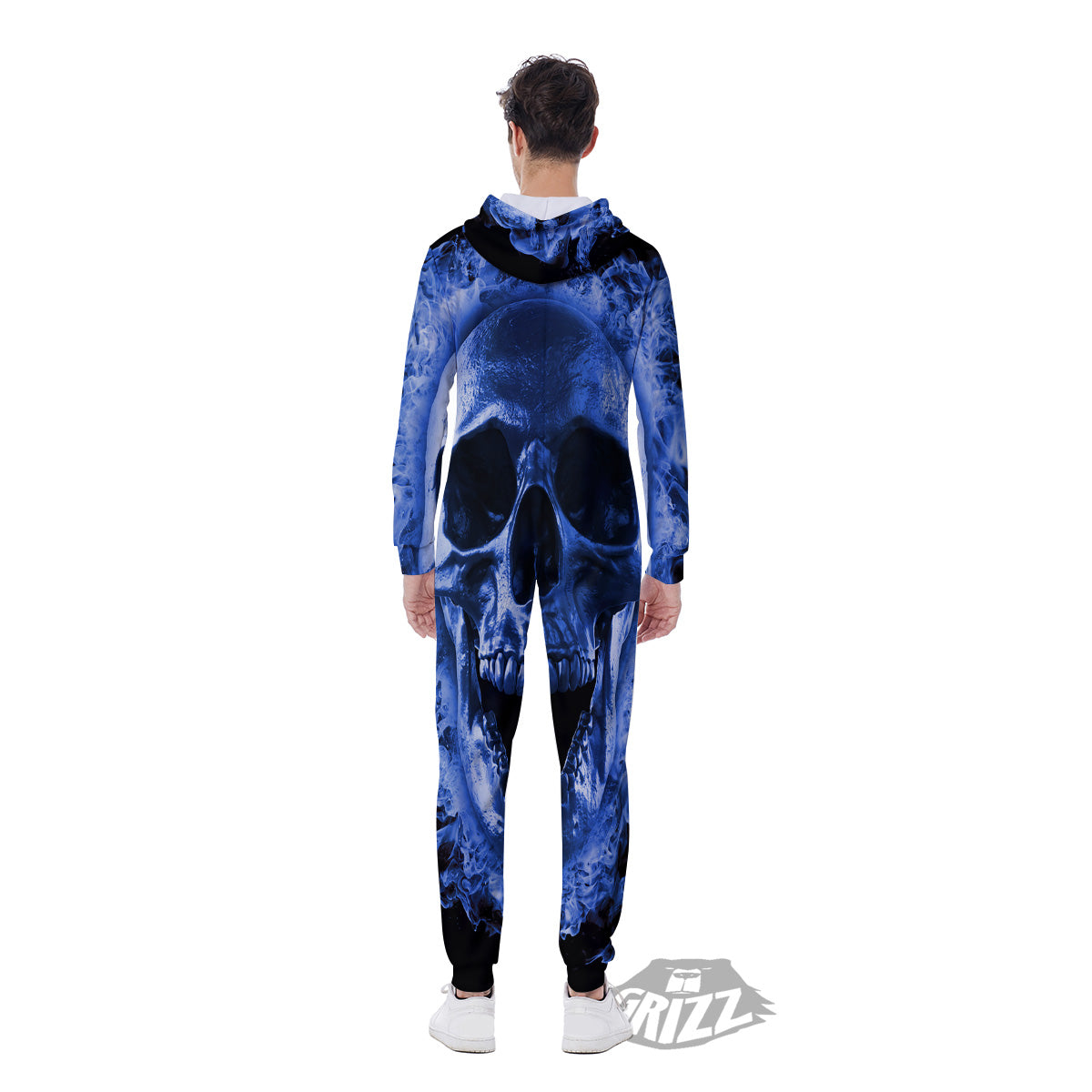 Blue Flaming Skull Print Men's Jumpsuit-grizzshop