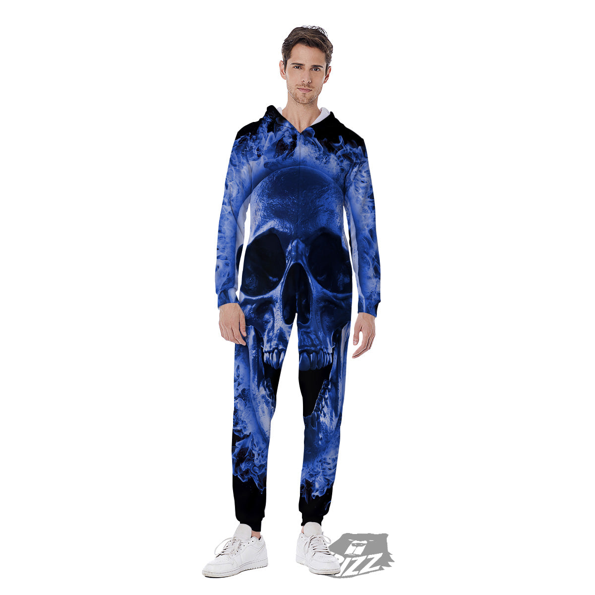 Blue Flaming Skull Print Men's Jumpsuit-grizzshop