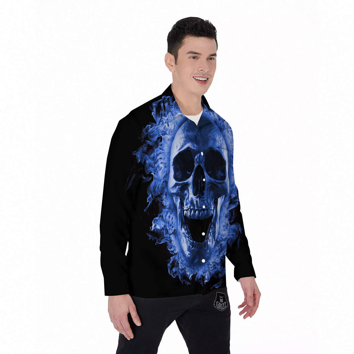 Blue Flaming Skull Print Men's Long Sleeve Shirts-grizzshop