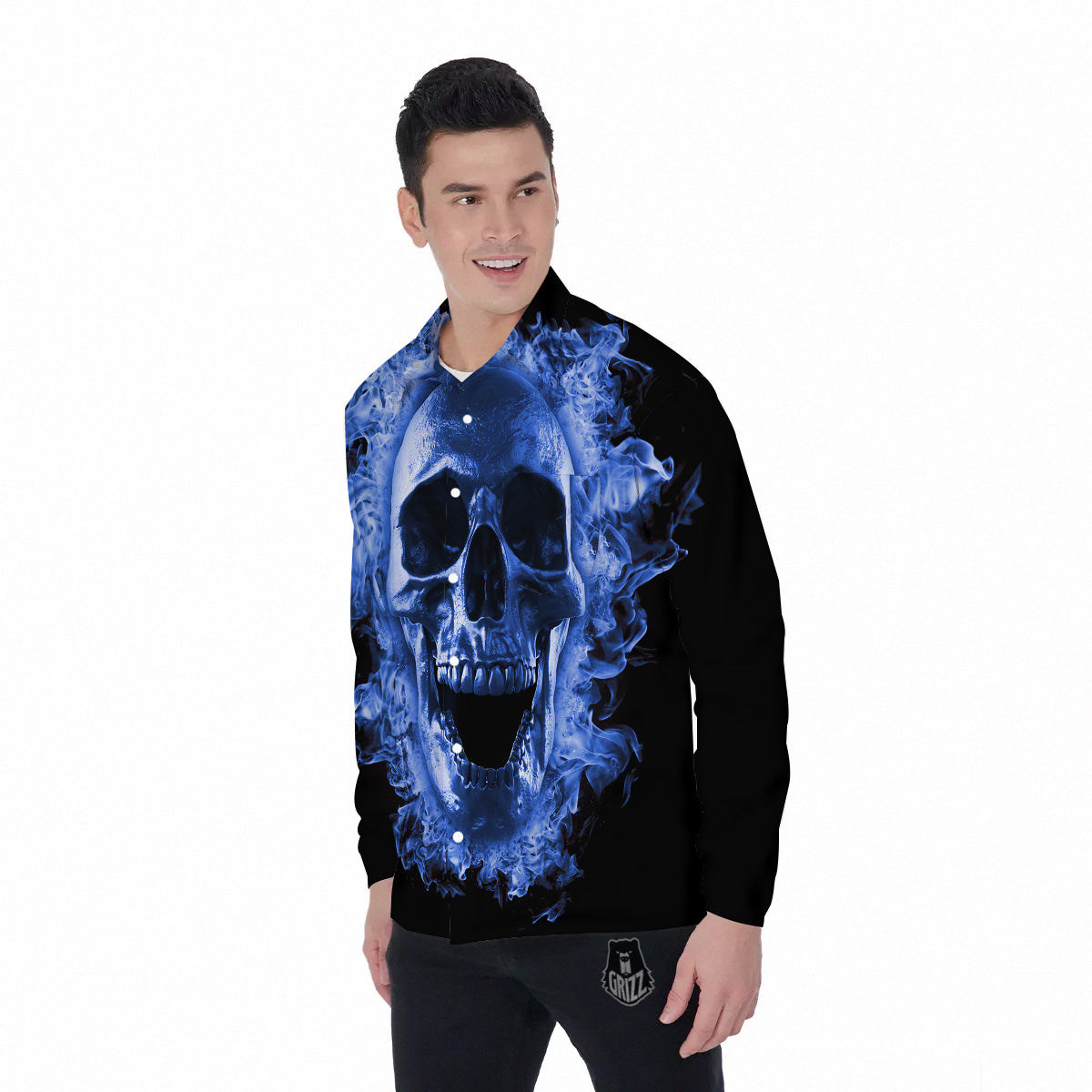 Blue Flaming Skull Print Men's Long Sleeve Shirts-grizzshop