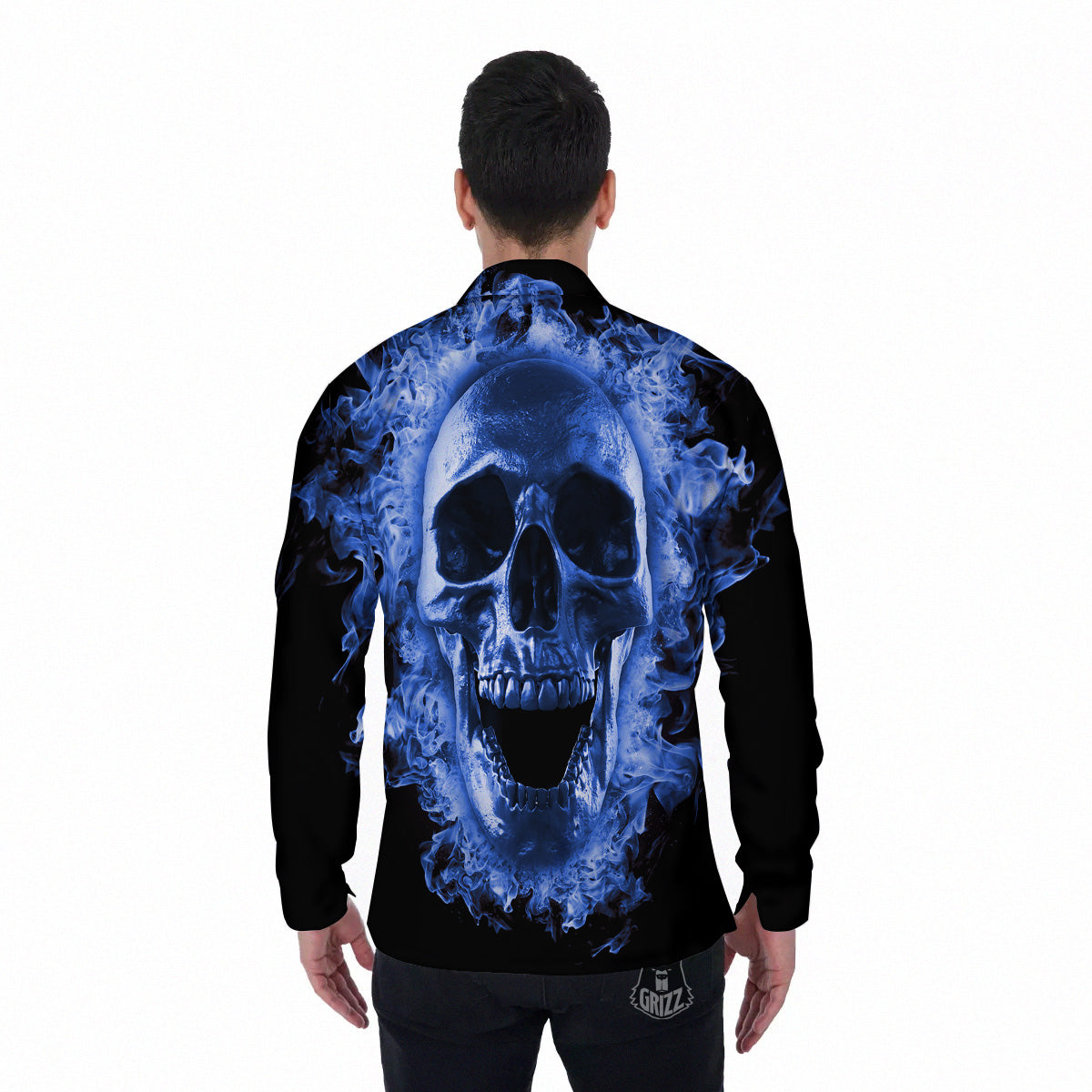 Blue Flaming Skull Print Men's Long Sleeve Shirts-grizzshop