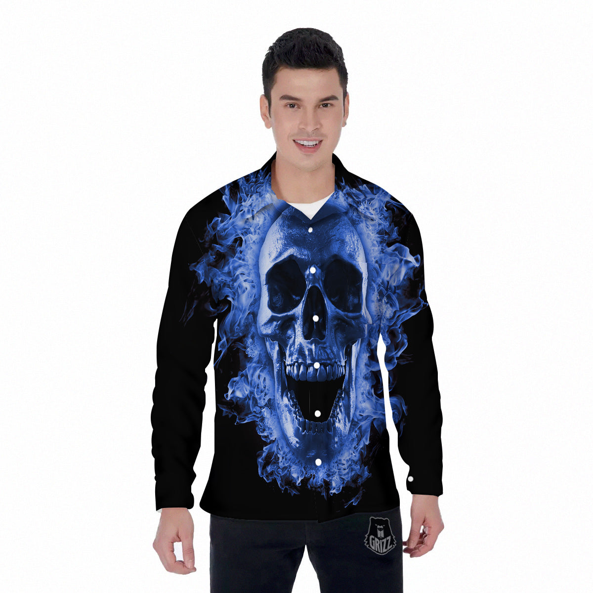 Blue Flaming Skull Print Men's Long Sleeve Shirts-grizzshop