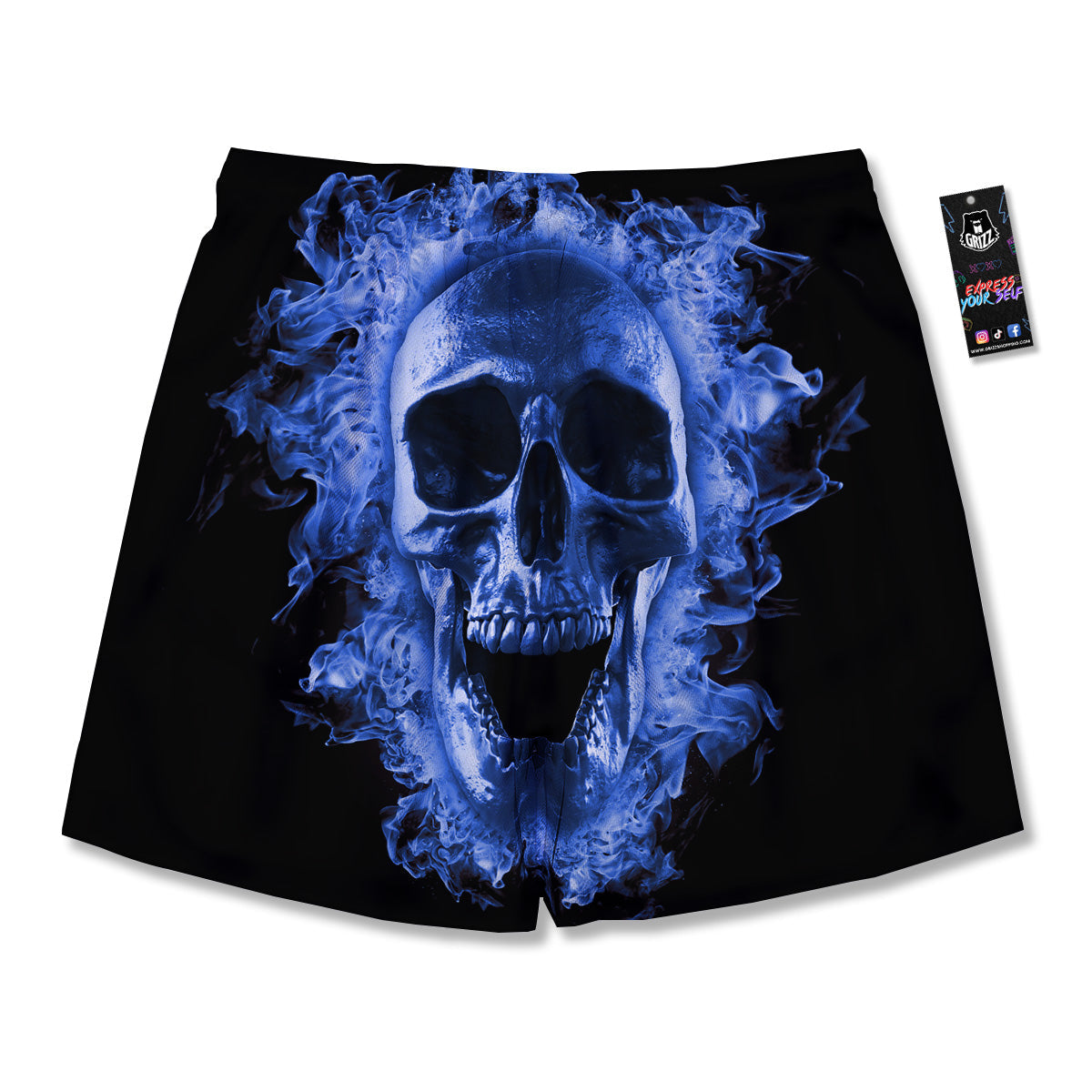Blue Flaming Skull Print Men's Running Shorts-grizzshop