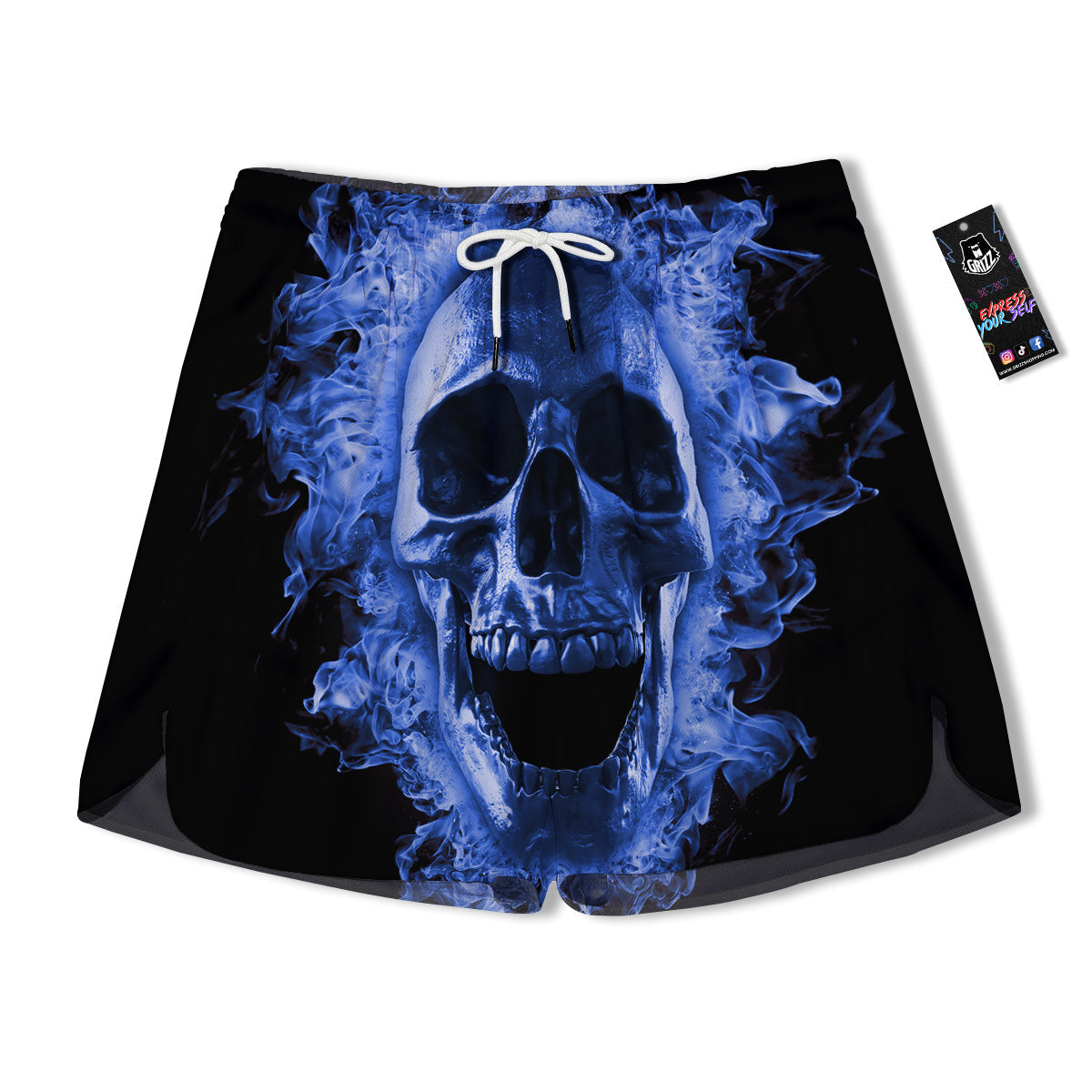 Blue Flaming Skull Print Men's Running Shorts-grizzshop