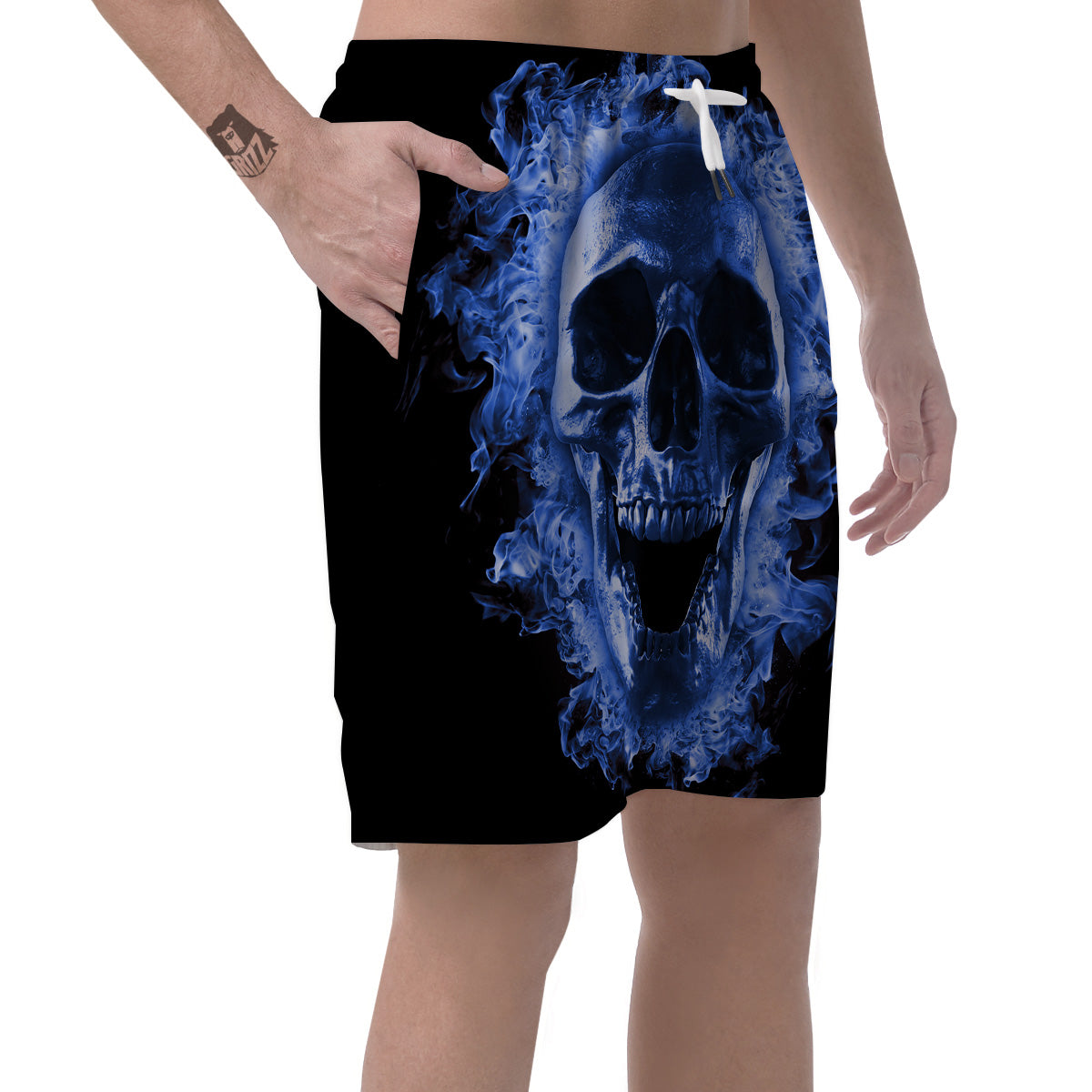 Blue Flaming Skull Print Men's Shorts-grizzshop