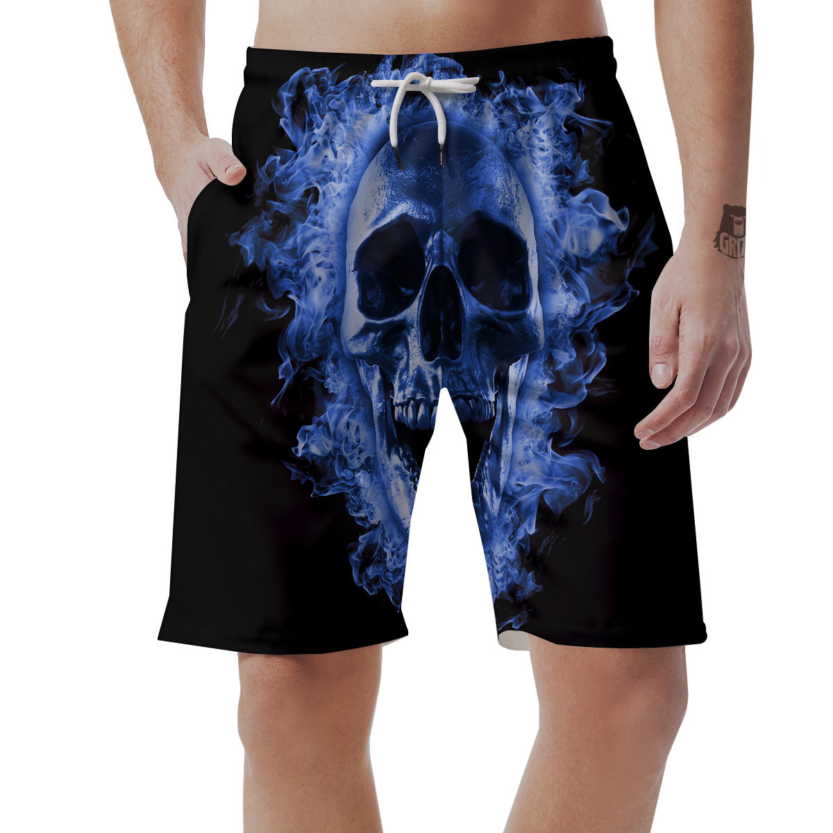 Blue Flaming Skull Print Men's Shorts-grizzshop